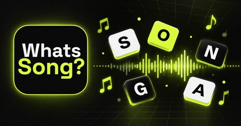 WhatsSong app icon beside scrambled letter tiles and a green audio waveform