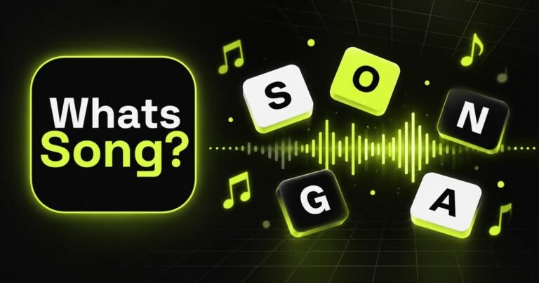 WhatsSong app icon beside scrambled letter tiles and a green audio waveform