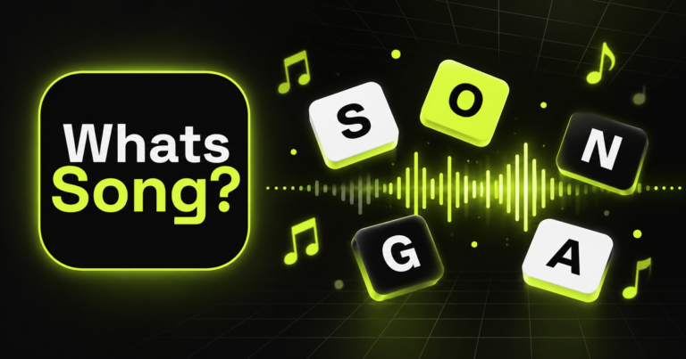 WhatsSong music quiz with colorful letter tiles and headphones